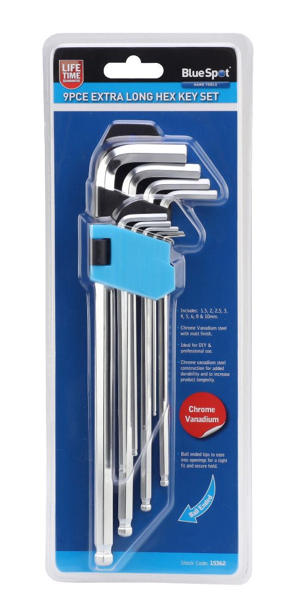 Bluespot 9PCE Extra Long Ball End Hex Key Set (1.5-10mm) (15362)