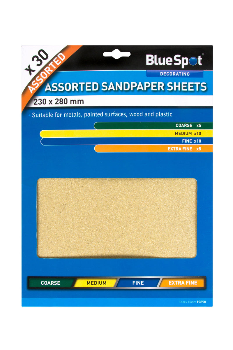 BlueSpot 30 PCE Assorted Sandpaper Sheets 230mm x 280mm (19850)