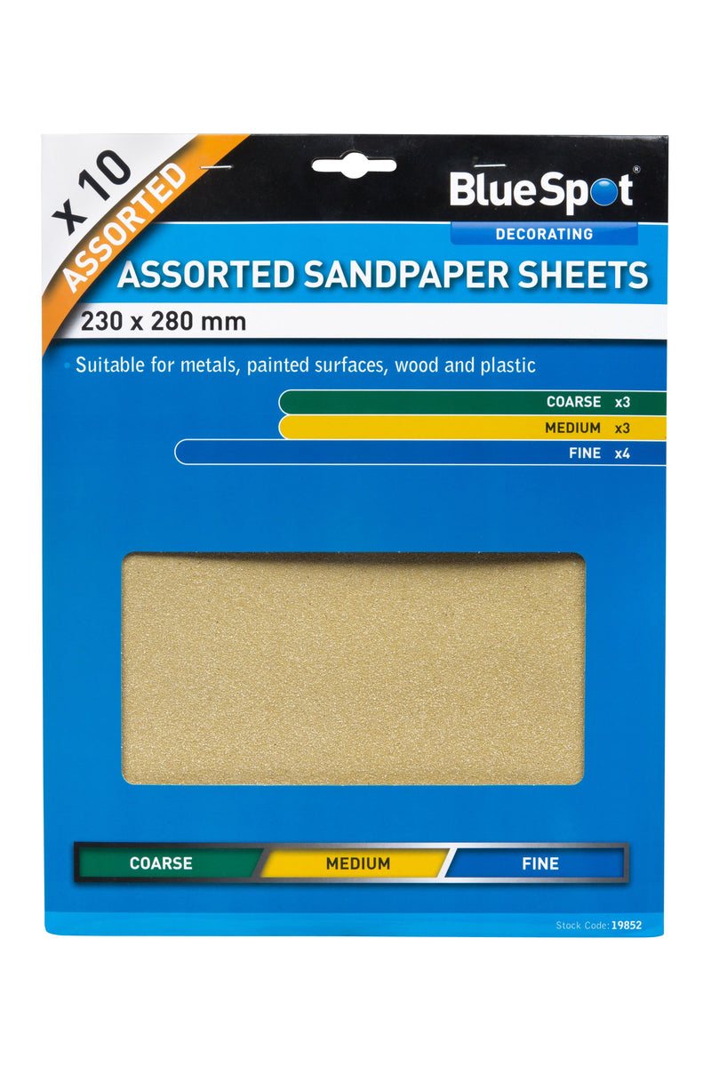 BlueSpot 10 PCE Assorted Sandpaper Sheets 230mm x 280mm (19852)