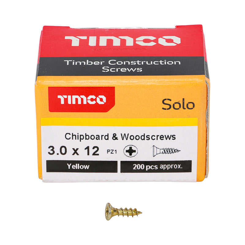 Solo Chipboard & Woodscrews Pozidrive 3.0 x 12mm (4 x 1/2") - Double Countersunk - Yellow - Box
