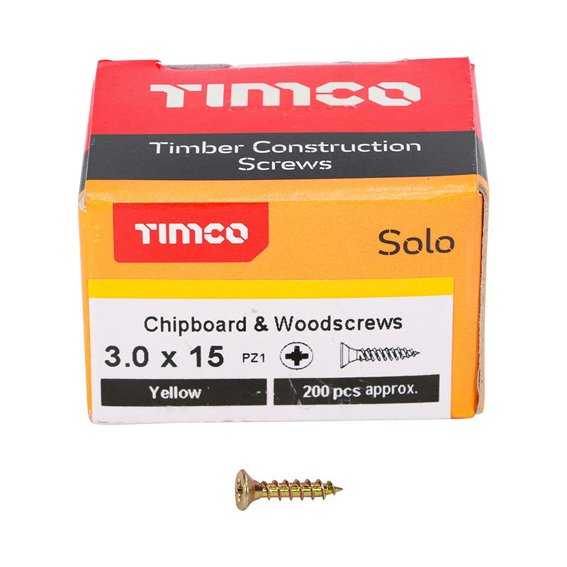 Solo Chipboard & Woodscrews 3.0 x 15mm (4 x 5/8in) - PZ - Double Countersunk - Yellow Passivated - Box of 200