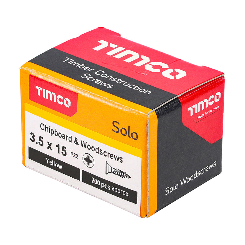 Solo Chipboard & Woodscrews Pozidrive 3.5 x 15mm (6 x 5/8") - Double Countersunk - Yellow - Box