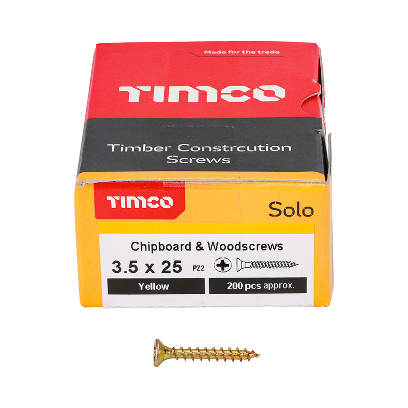 Solo Chipboard & Woodscrews 3.5 x 25mm (6 x 1") - PZ - Double Countersunk - Yellow Passivated