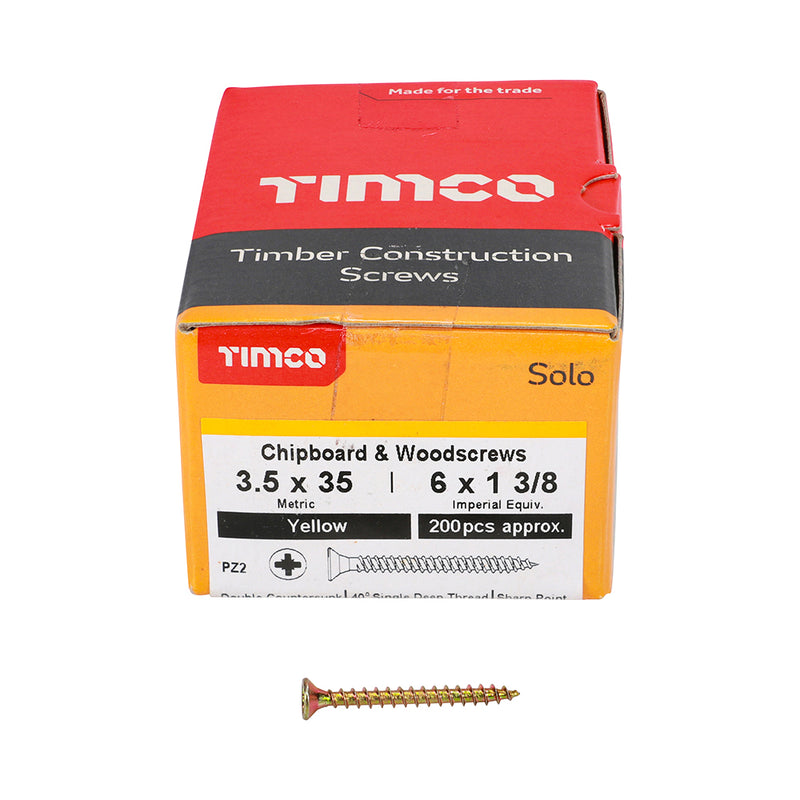 Solo Chipboard & Woodscrews 3.5 x 35mm (6 x 1 3/8in) - PZ - Double Countersunk - Yellow Passivated - Box of 200
