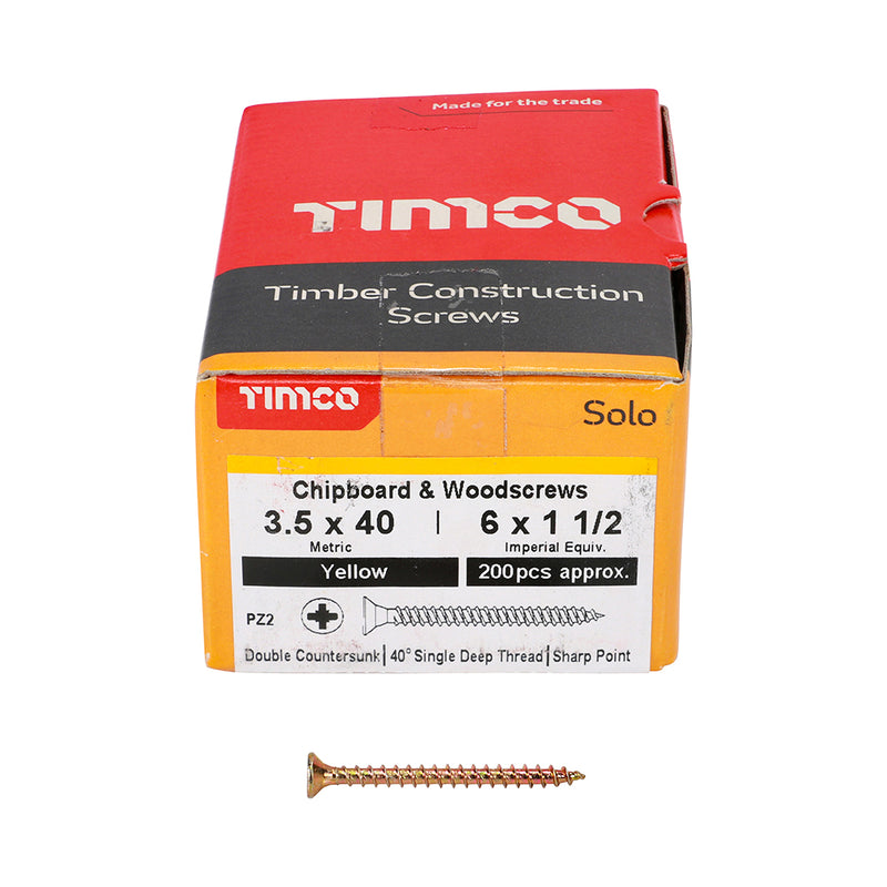 Solo Chipboard & Woodscrews 3.5 x 40mm (6 x 1 1/2") - PZ - Double Countersunk - Yellow Passivated