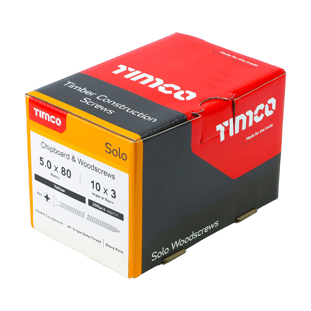 Solo Chipboard & Woodscrews Pozidrive 5 x 80mm (10 x 3") - Double Countersunk - Yellow - Box