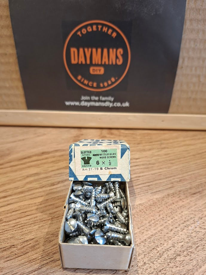 Vintage Nettlefolds 6 x 1/2in Slotted Steel Raised Head Brushed Chrome Screws