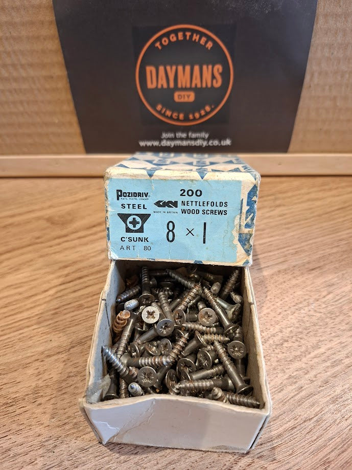 Vintage Nettlefolds 8 x 1in Pozidrive Steel CSK Screws