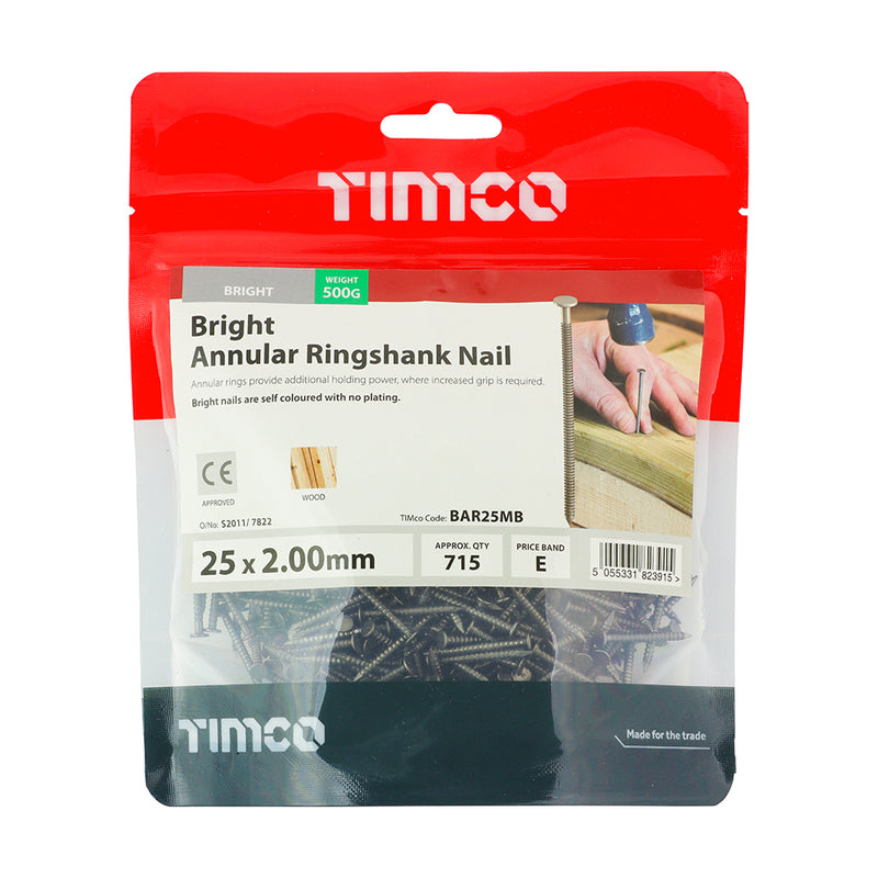 Timco Annular Ringshank Nails Bright 25mm x 2mm - 500g (BAR25MB)