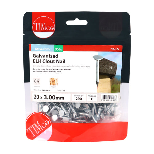 Timco Galvanised Extra Large Head Felt / Clout Nails -  3.00 x 20mm - 500g (GEC20MB)