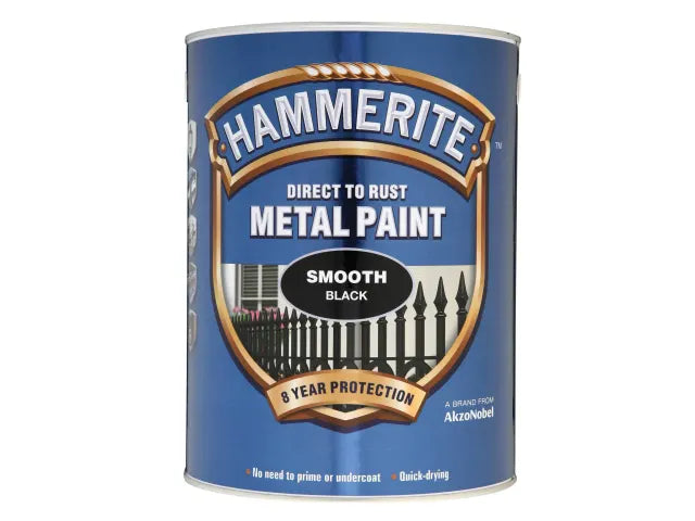 Hammerite Direct To Rust Smooth Black Metal Paint 5 Litre (Dented Can)