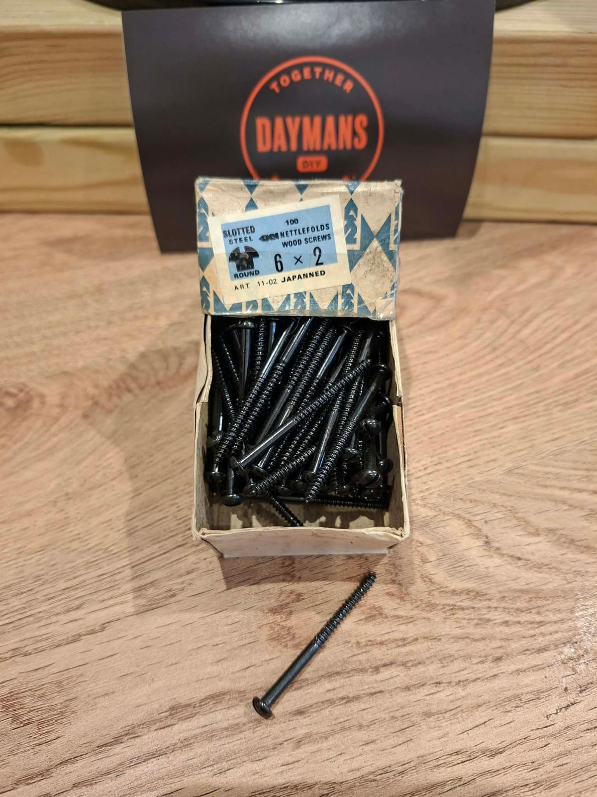 Vintage Nettlefolds 6 x 2in Slotted Steel Round Head Black Japanned Screws