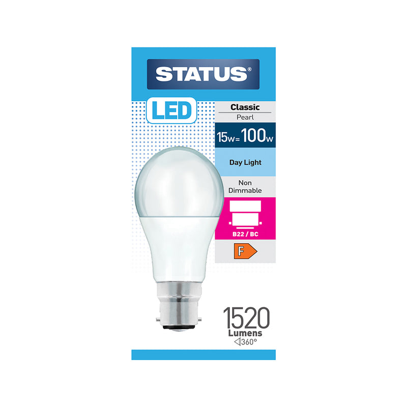 Status 100w=15w LED BC / Bayonet Light Bulb Classic Pearl Daylight Non Dimmable