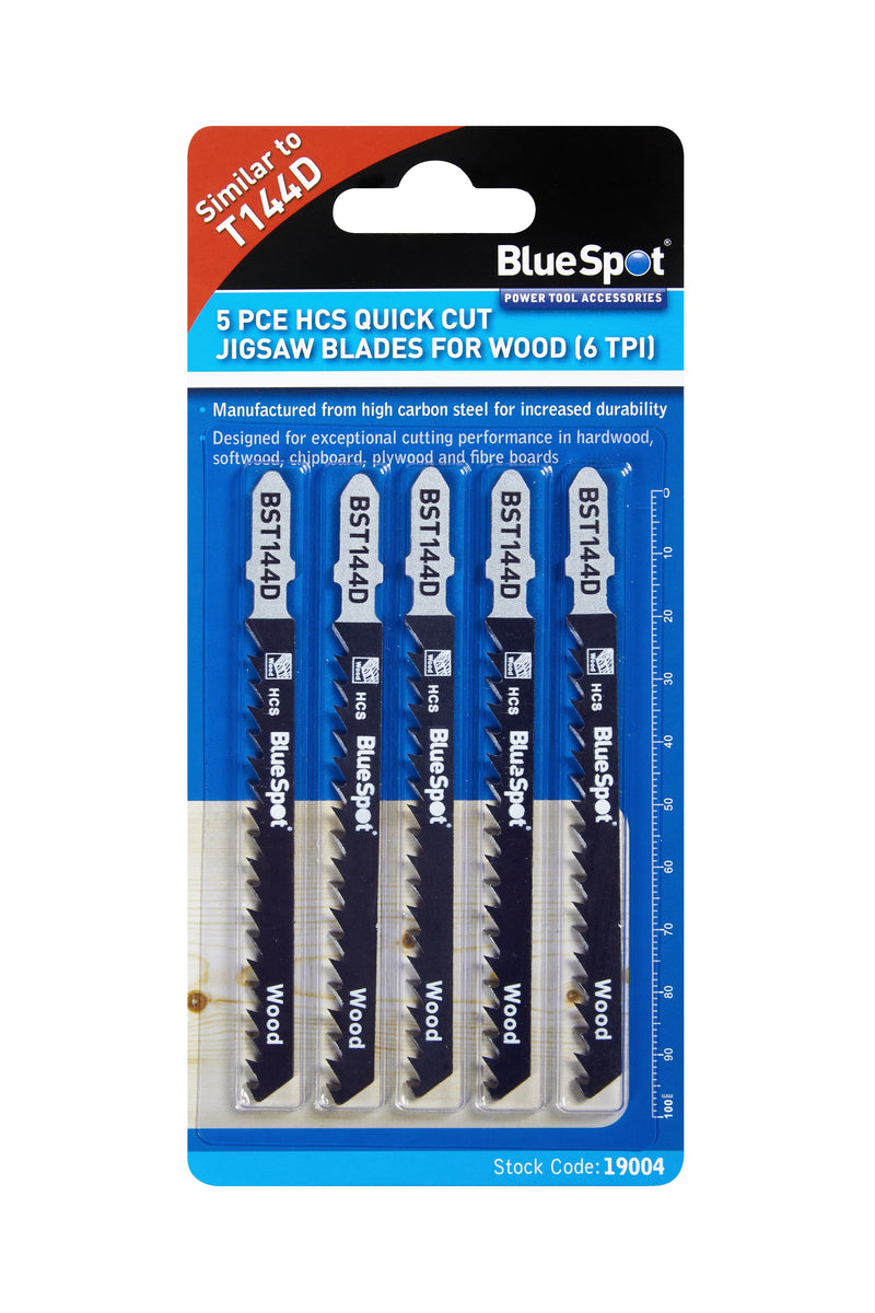 BlueSpot 5 PCE HCS Quick Cut Wood Cutting Jigsaw Blades (6 TPI) (19004)
