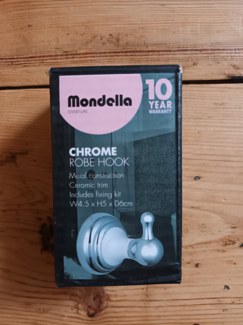 Mondella Overture Robe Hook Smooth Curves Ceramic Trim, Chrome Plated
