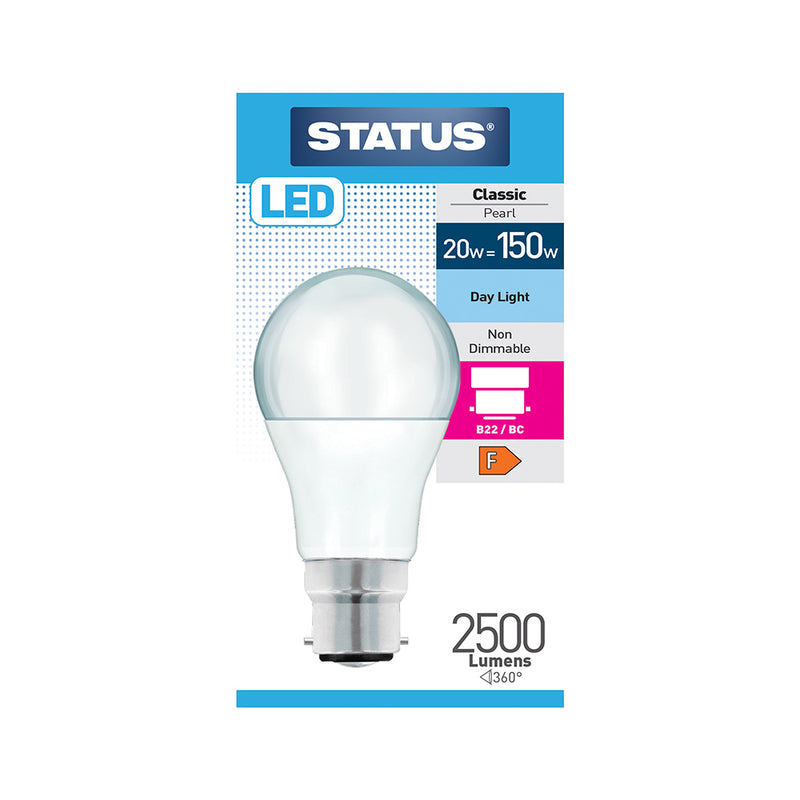 Status 20W = 150W LED Classic Pearl Daylight Non Dimmable Large Bayonet Light Bulb