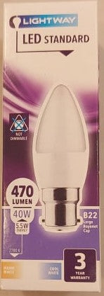 Lightway LED Standard Candle B22 Large Bayonet Cap - 5.5W = 40W