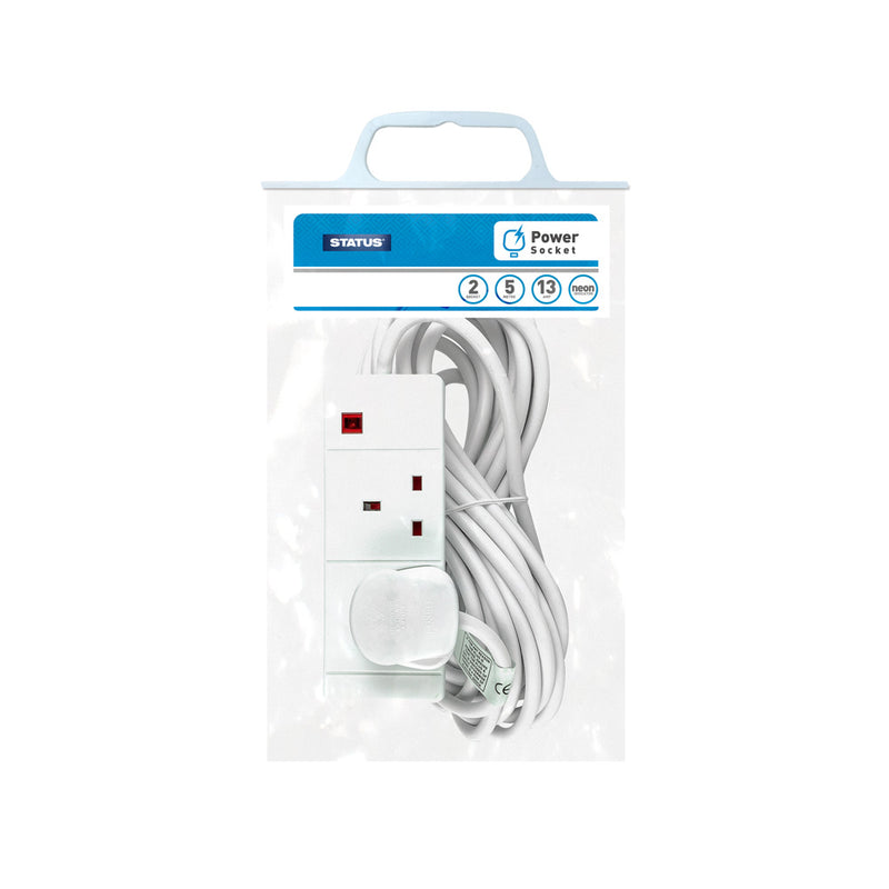 2 Way UK Mains Socket Multiplug Extension Cable - 5 m