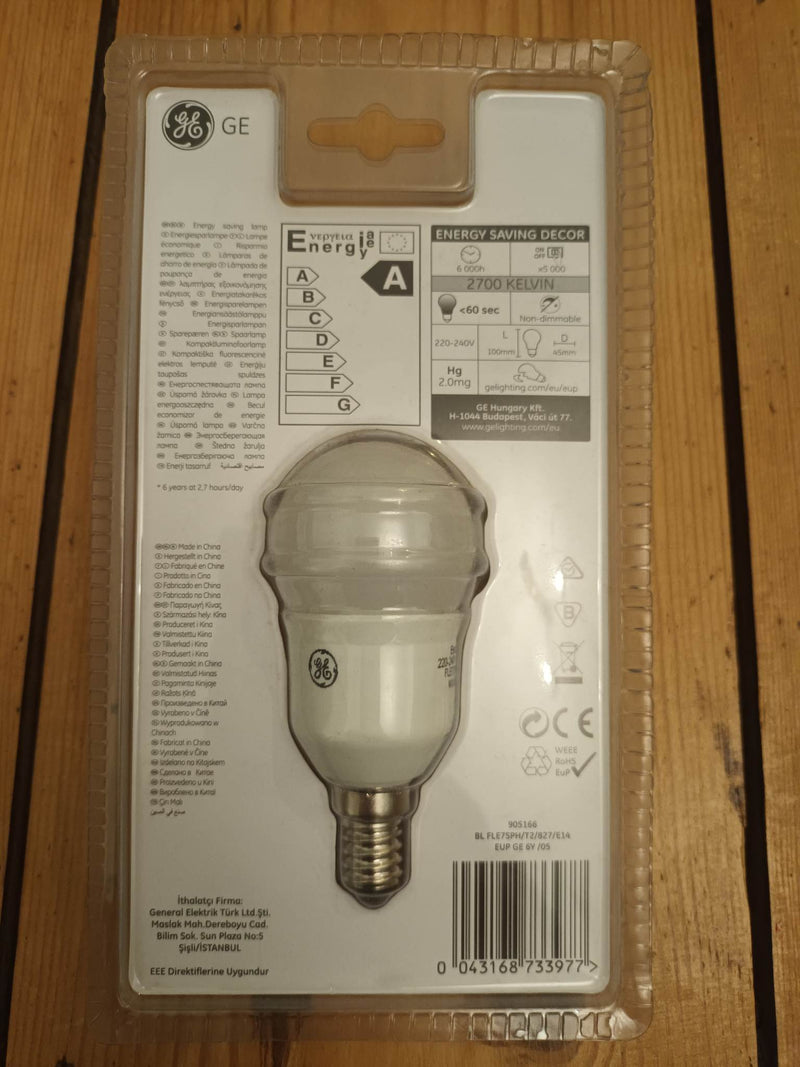 GE Lighting Energy Saving Opaque Bulb 7w = 31w SES (Small Screw Cap)