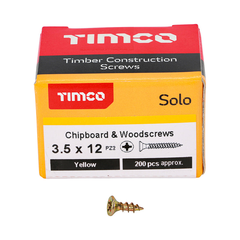 Solo Chipboard & Woodscrews Pozidrive 3.5 x 12mm (6 x 1/2") - Double Countersunk - Yellow - Box