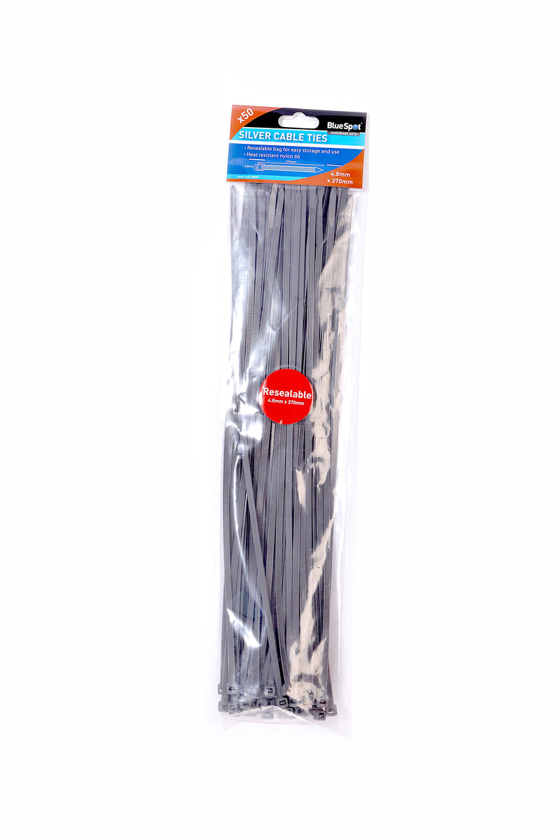 BlueSpot 4.8mm x 370mm Silver Cable Ties Pack of 50