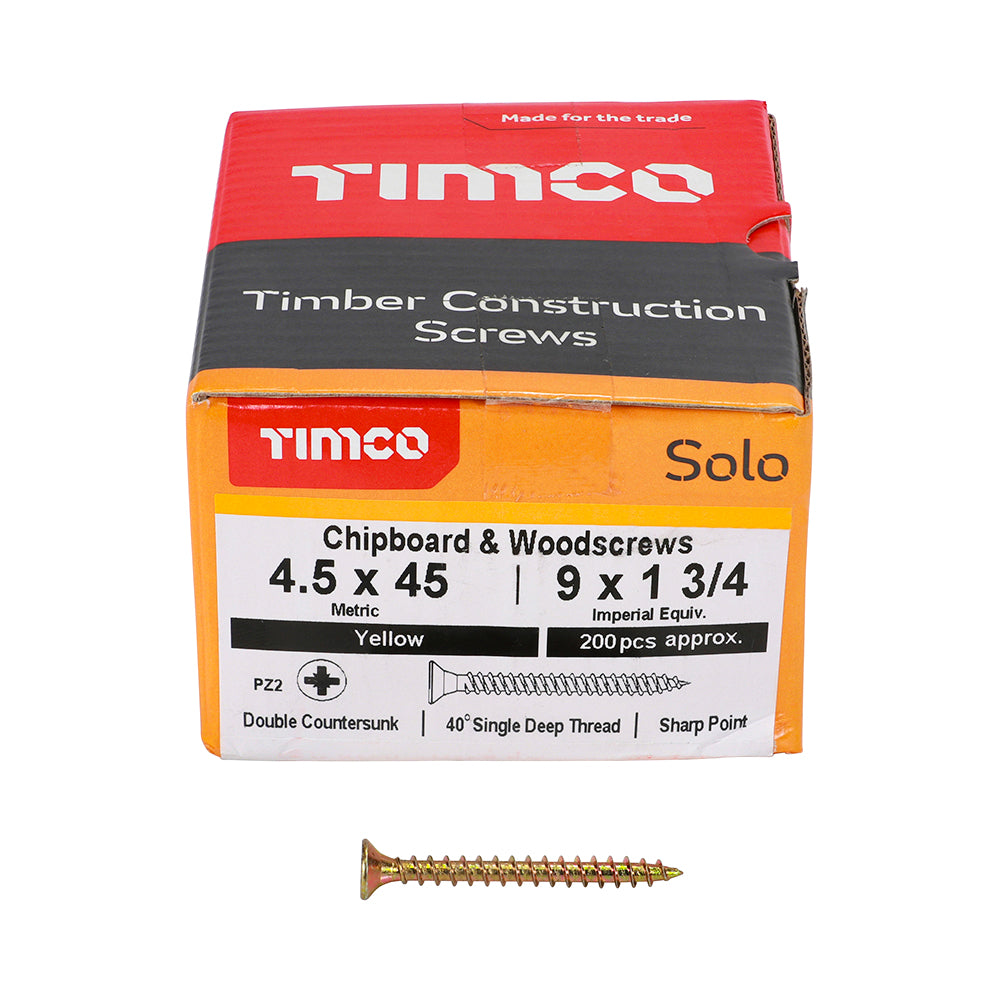 Solo Chipboard & Woodscrews Pozidrive 4.5 x 45mm (9 x 1 3/4") - Double Countersunk - Yellow - Box of 200