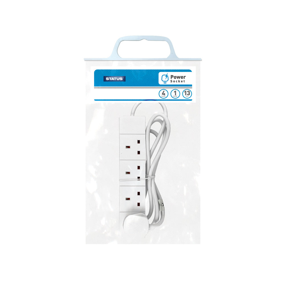 4 Way UK Mains Socket Multiplug Extension Cable, 1 m, 2 m & 5 m
