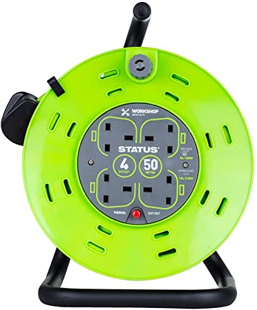 4 Way UK Mains Socket Multiplug Extension Cable Cassette Reel - 20 m & 50 m