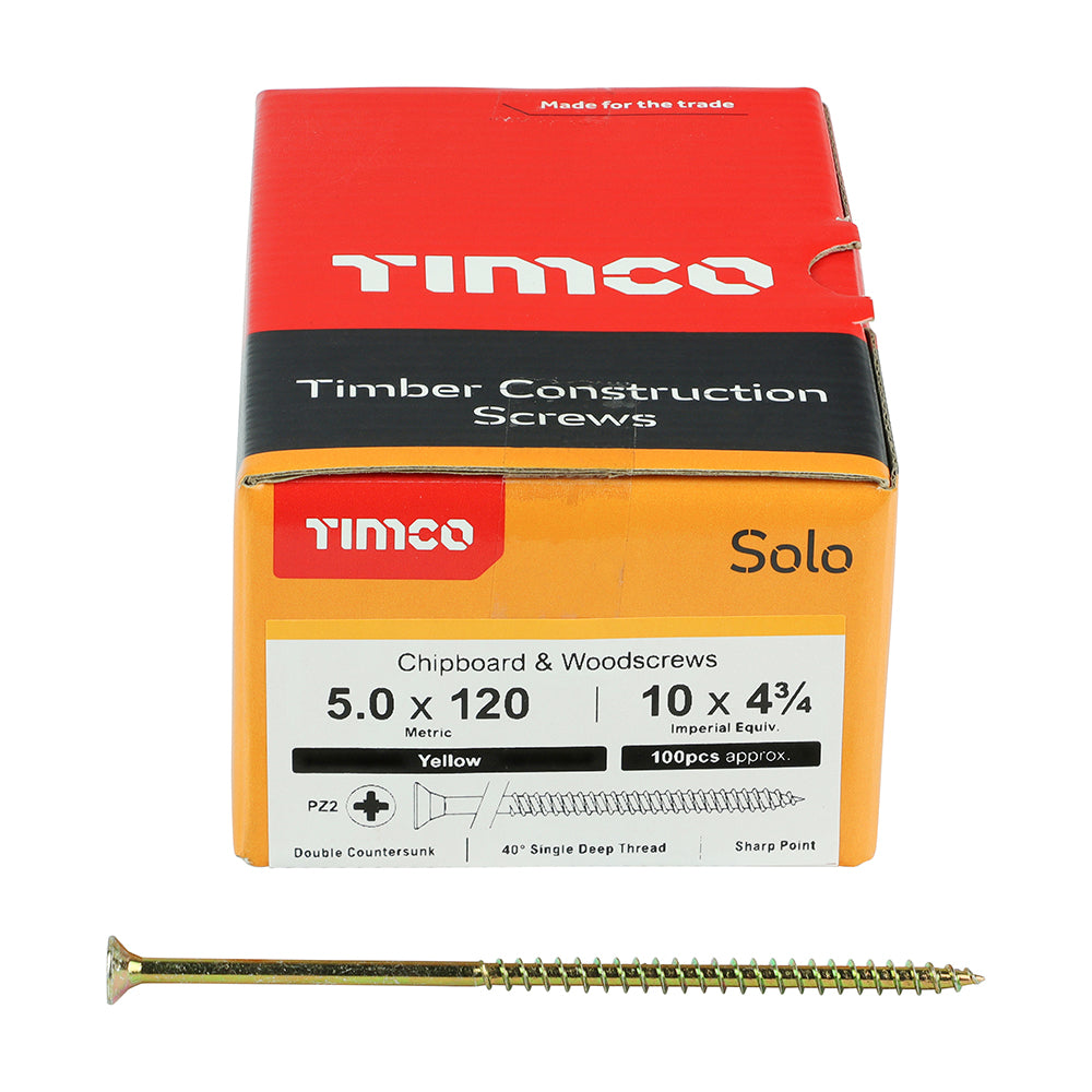 Solo Chipboard & Woodscrews Pozidrive 5 x 120mm (10 x 4 3/4") - Double Countersunk - Yellow - Box