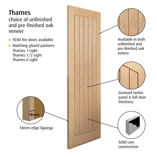 JB Kind Thames Oak Veneered Cottage Style Door 2040mm x 726mm (80 1/4" x 28 1/2")