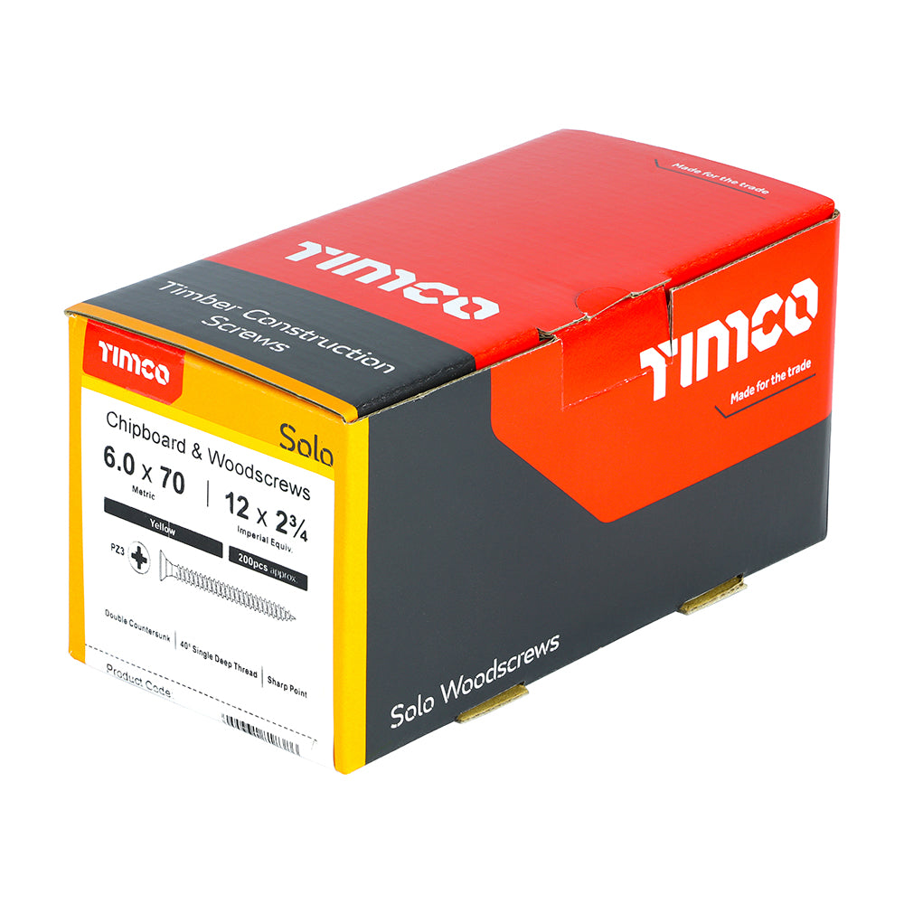 Solo Chipboard & Woodscrews Pozidrive 6 x 70mm (12 x 2 3/4") - Double Countersunk - Yellow - Box