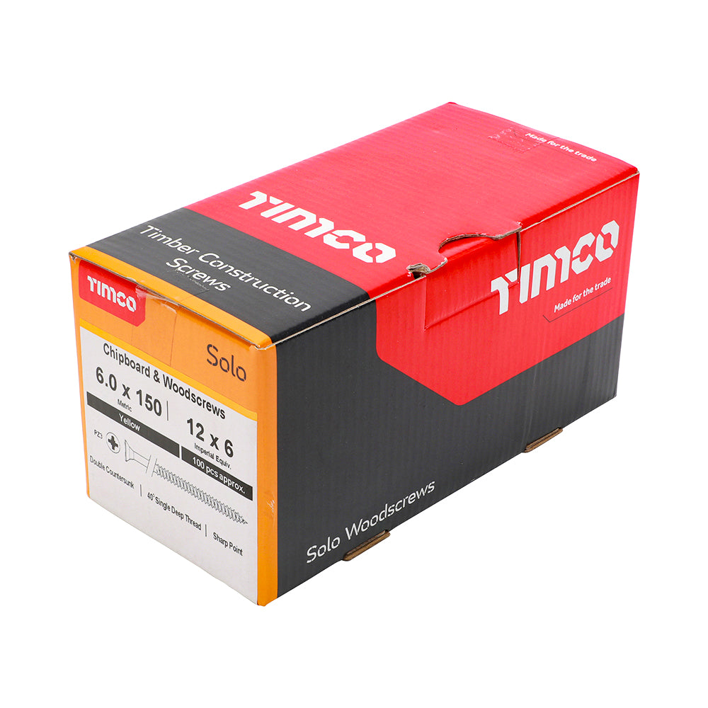 Solo Chipboard & Woodscrews Pozidrive 6 x 150mm (12 x 6in) - Double Countersunk - Yellow - Box