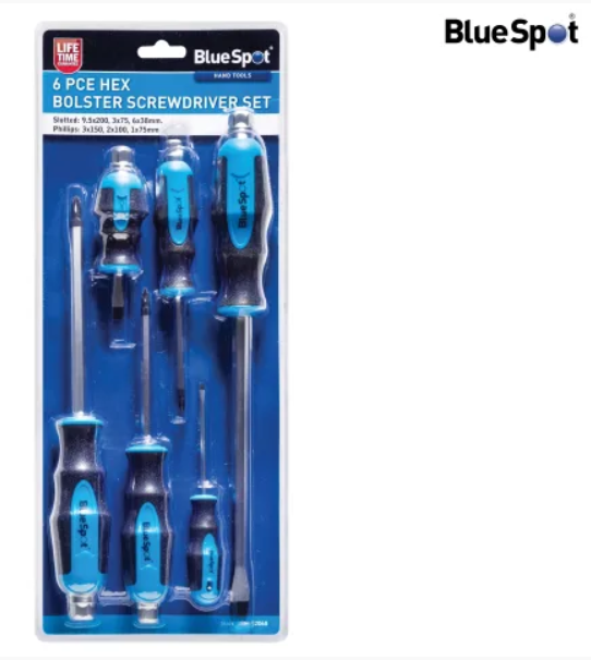 Hex Bolster Screwdriver Set - 6 Piece Slotted & Phillips