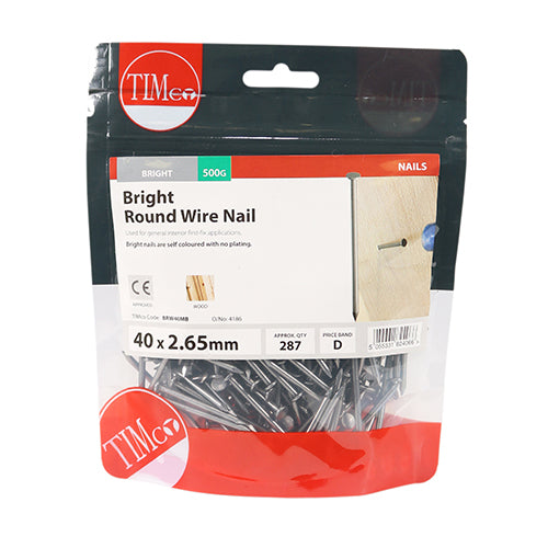 Timco Bright Round Wire Nail 40mm x 2.65mm - 500g (BRW40MB)