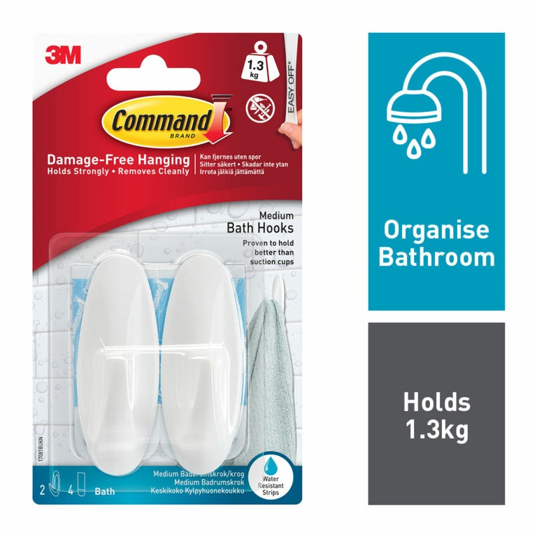 Command Brand - Medium Bath Hooks - 2 Pack - 1.3kg