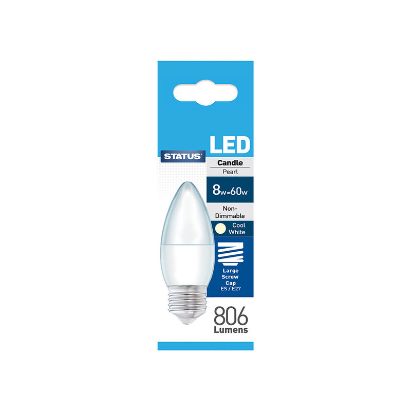 Status - LED Candle Pearl Bulb - 8w = 60w - Large Screw Cap - ES/E27 - Cool White