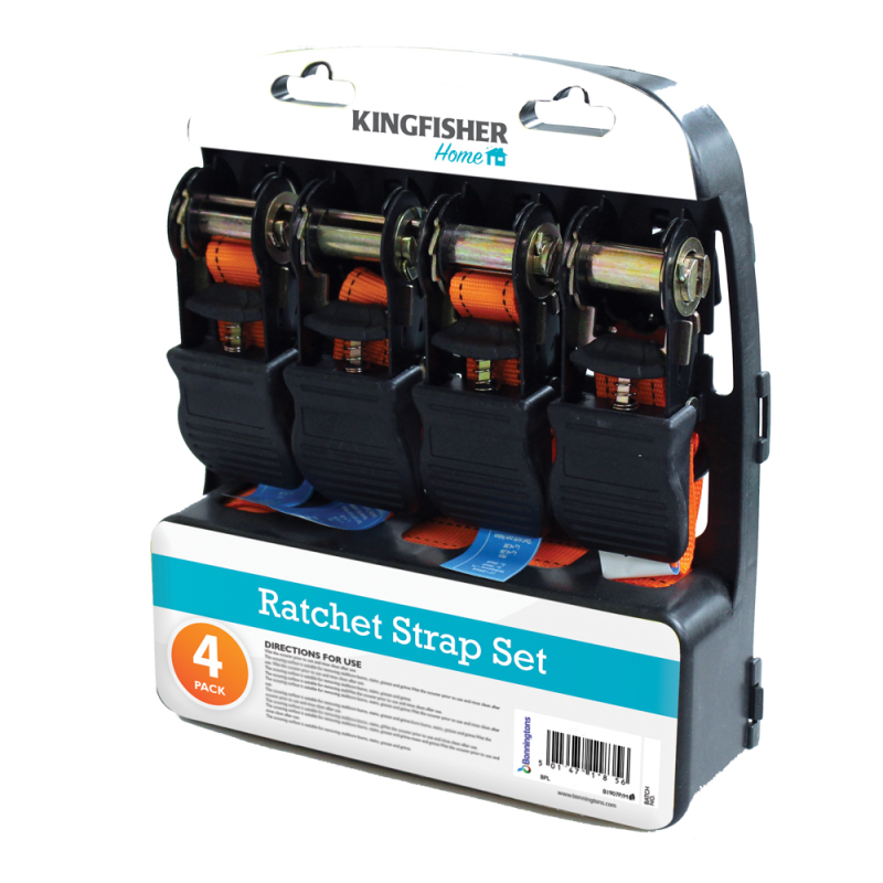 Kingfisher Ratchet Strap Set - 25mm (1”) x 4.5m (15ft) - 4 Pack