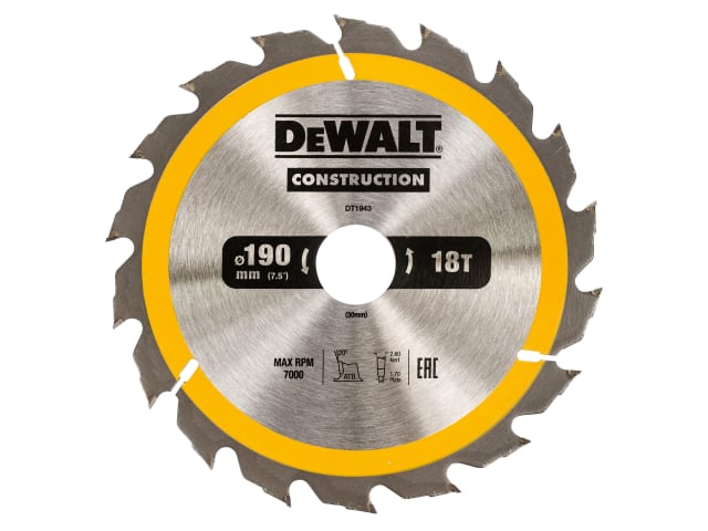 Dewalt Portable Construction Circular Saw Blade 190 x 30mm x 18T