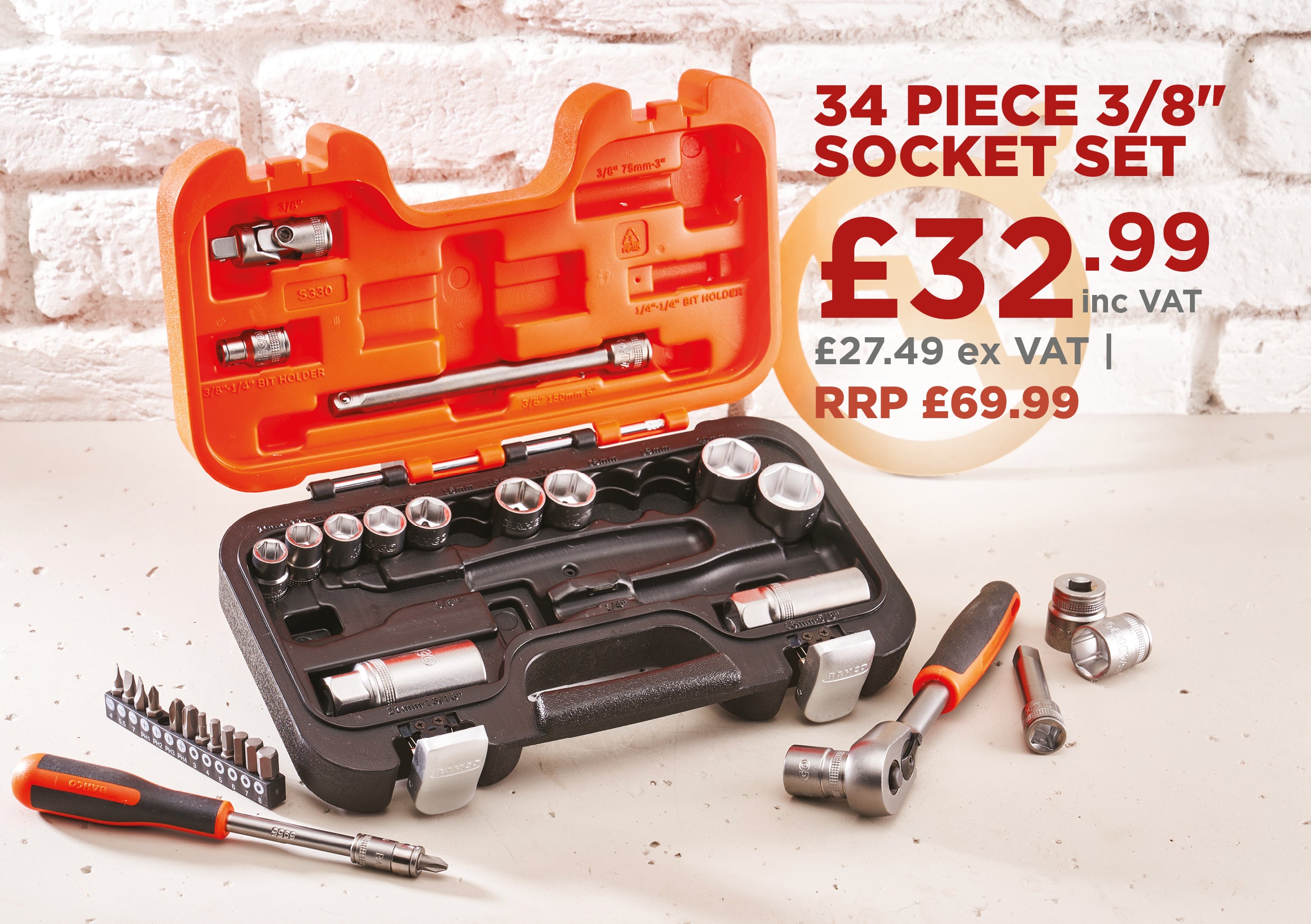 Bahco S330 Socket Set of 34 Metric 3/8in Drive + 1/4" Accessories