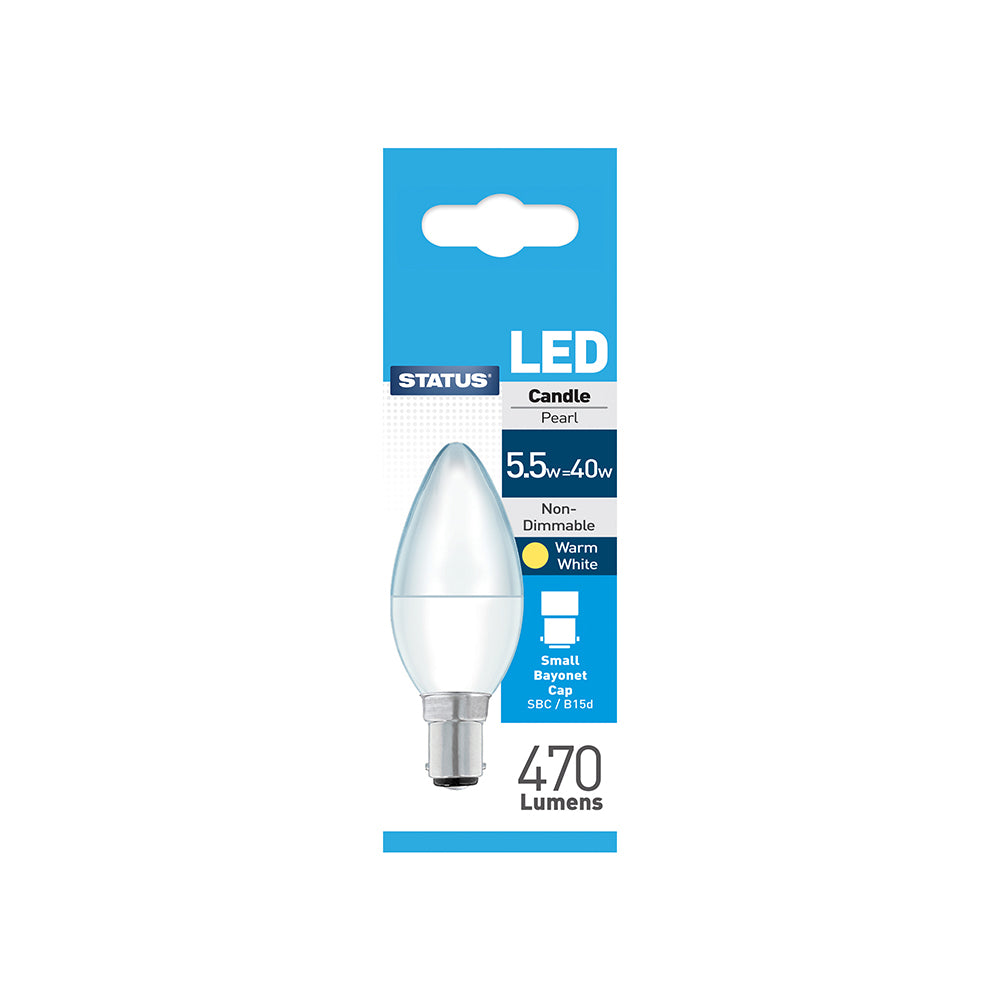 Status - LED Candle Pearl Bulb - 5.5w = 40w - Small Bayonet Cap - SBCB15d - Warm White