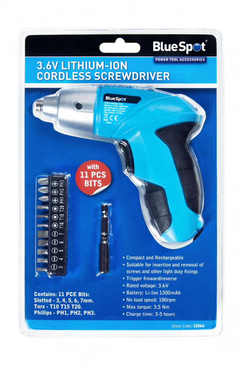 BlueSpot 3.6V Lithium-ion Cordless Screwdriver with 11 PCE bits (12066)