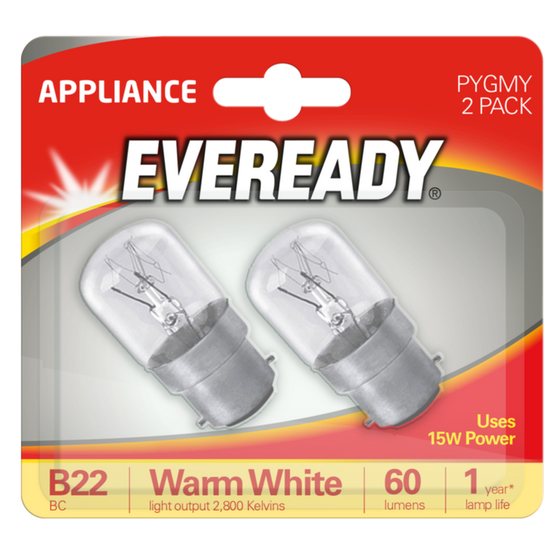 Eveready Clear Appliance Pygmy Bulbs 15w BC (Bayonet Cap)- 2 Pack