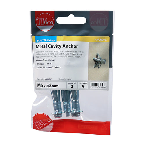 Timco M5 x 52mm Metal Cavity Anchor Pack 3