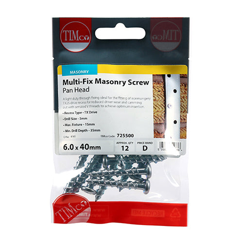 Timco Multi Fix Masonry Screw Pan Head 6.0 x 40mm 12 pack