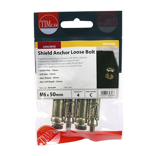 Timco Shield Anchor Loose Bolt M6 x 50mm 4 pack (0610LSHP)