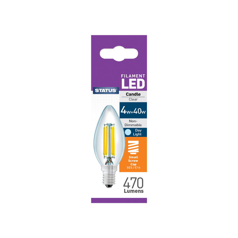 Status - Filament LED Candle Clear Bulb - 4w = 40w - Small Screw Cap - SES/E14 - Day Light