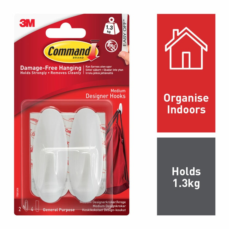 Command Brand Medium Designer Hooks - 1.3kg Load Weight - 2 pack - White