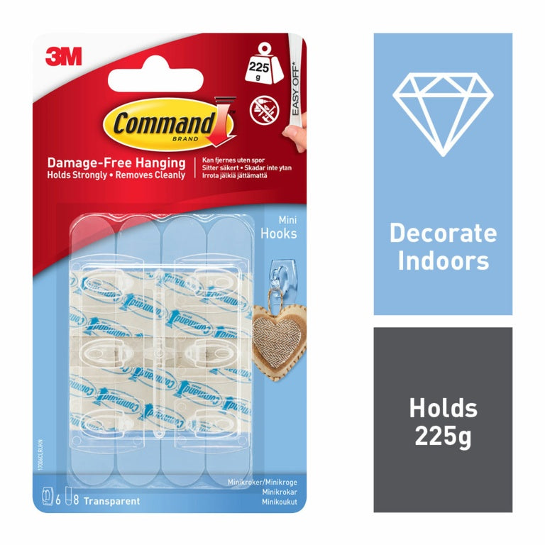 Command Brand - Mini Hooks - 225g Load Weight - 6 pack - Transparent & White