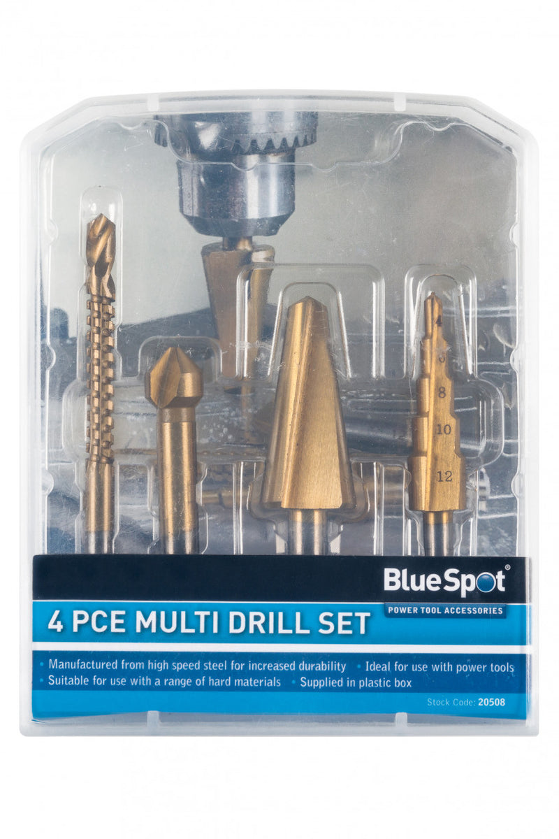 BlueSpot - 4PCE Multi Drill Set - 4-12mm Drill Bit, 8-20mm Tapered Drill Bit, 12.4mm Countersunk Bit, 6mm Drill & Saw