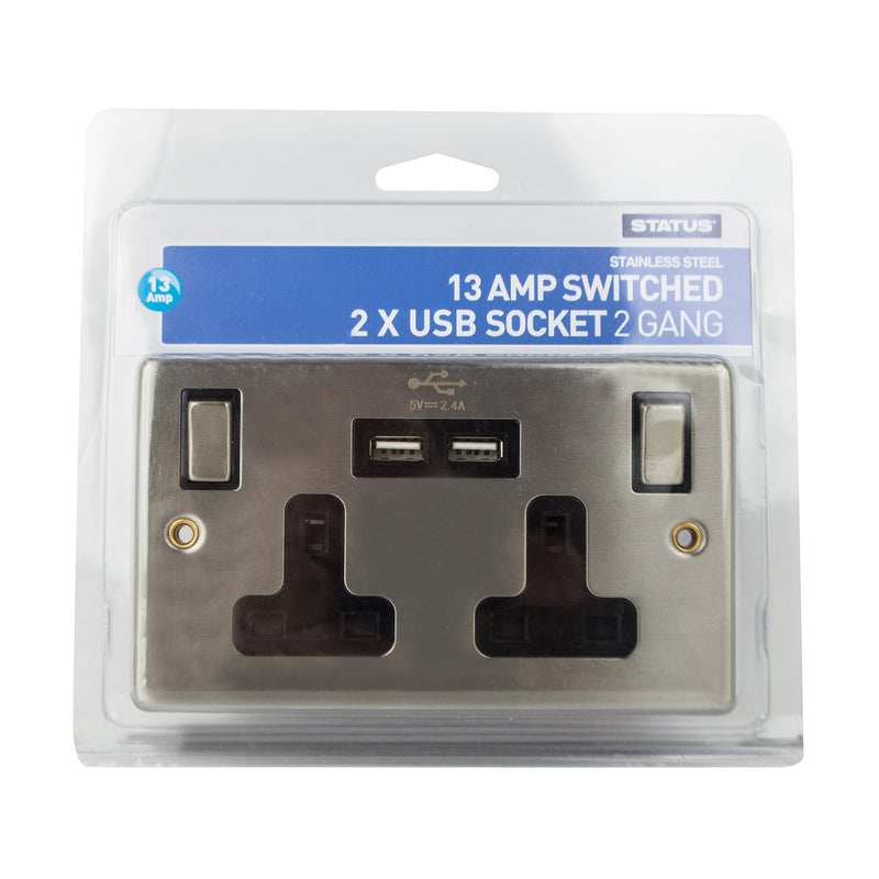 Status - Switched Socket With 2 USB Ports - Stainless Steel - 2 Gang 13 Amp